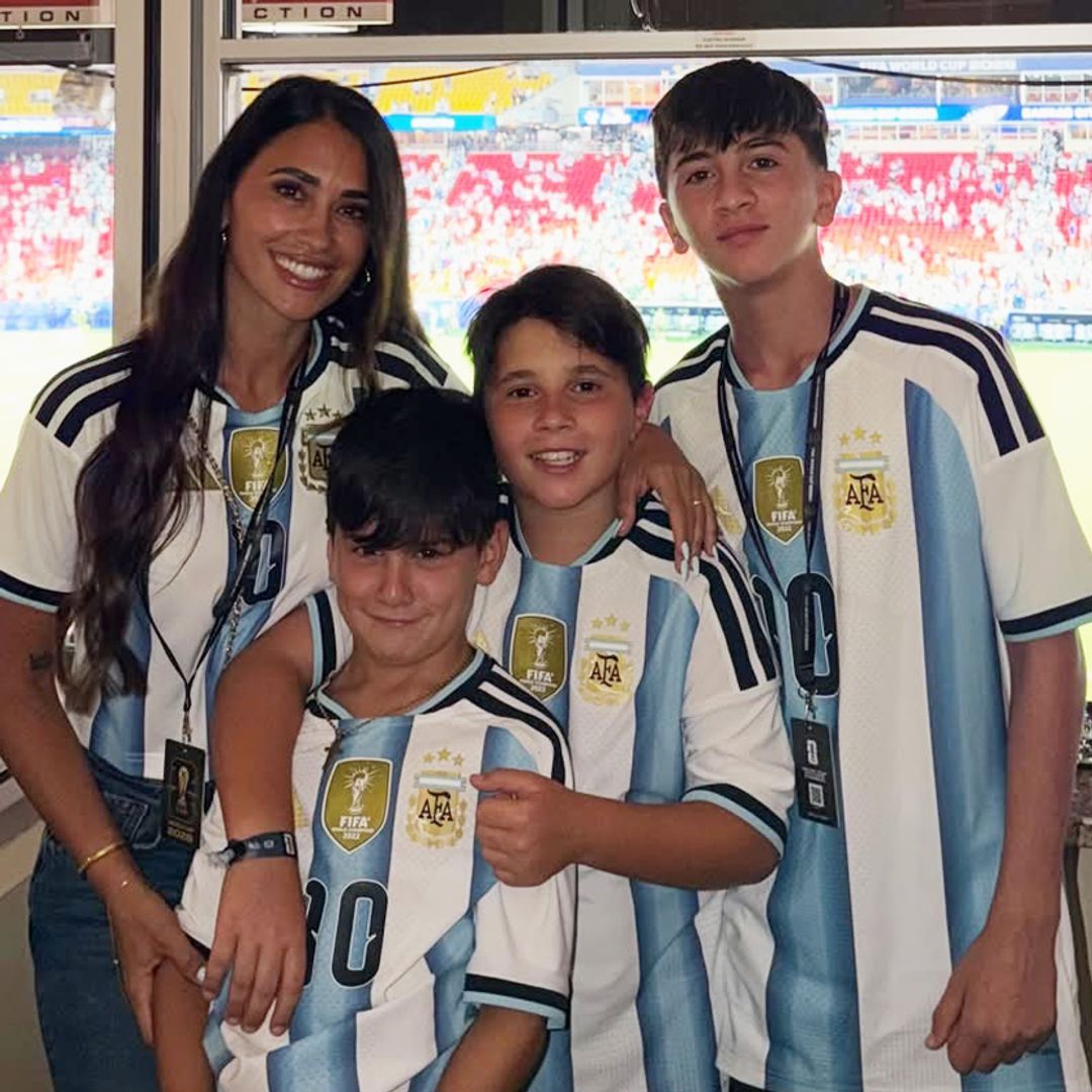Antonela Roccuzzo and her sons, Thiago, Mateo and Ciro; supporting Lionel Messi and the Argentine National Team