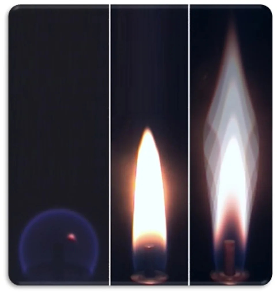 A candle flame is seen in free fall or microgravity on the left, in lunar gravity in the center and in Earth’s gravity on the right. Flame is more rounded in lunar gravity (NASA)