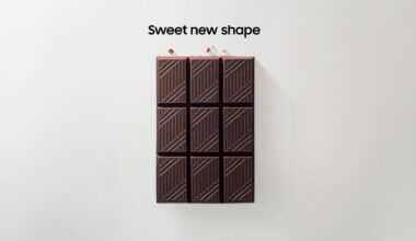 Samsung social media teaser of a chocolate bar with text reading "sweet new shape"