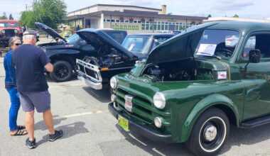 Show-goers inspect a green 1953 Dodge truck and a black 1977 Ford pickup at the Truck Show, held July 11 at the B.C. Vintage Truck Museum. (Photo: Malin Jordan/Cloverdale Reporter)