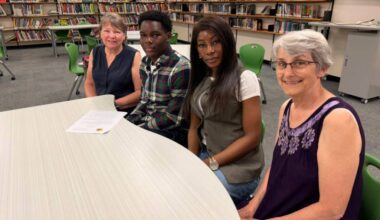 Bright Beginnings Foundation director Barb Cook (left), Jason Makoshi Bagudu, his mother Eleojo Magdalene Makoshi Bagudu and BBF president Tammy Neuman at Earl Marriott Secondary on June 24, 2026. (Contributed to Peace Arch News)