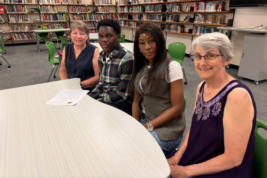 Bright Beginnings Foundation director Barb Cook (left), Jason Makoshi Bagudu, his mother Eleojo Magdalene Makoshi Bagudu and BBF president Tammy Neuman at Earl Marriott Secondary on June 24, 2026. (Contributed to Peace Arch News)