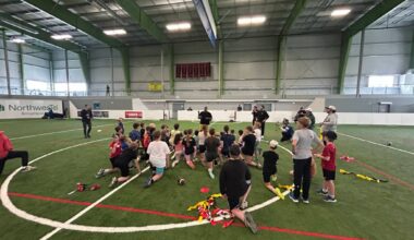 The youth flag football camp was held at the Yellowknife Fieldhouse. Photo courtesy of Edmonton Elks