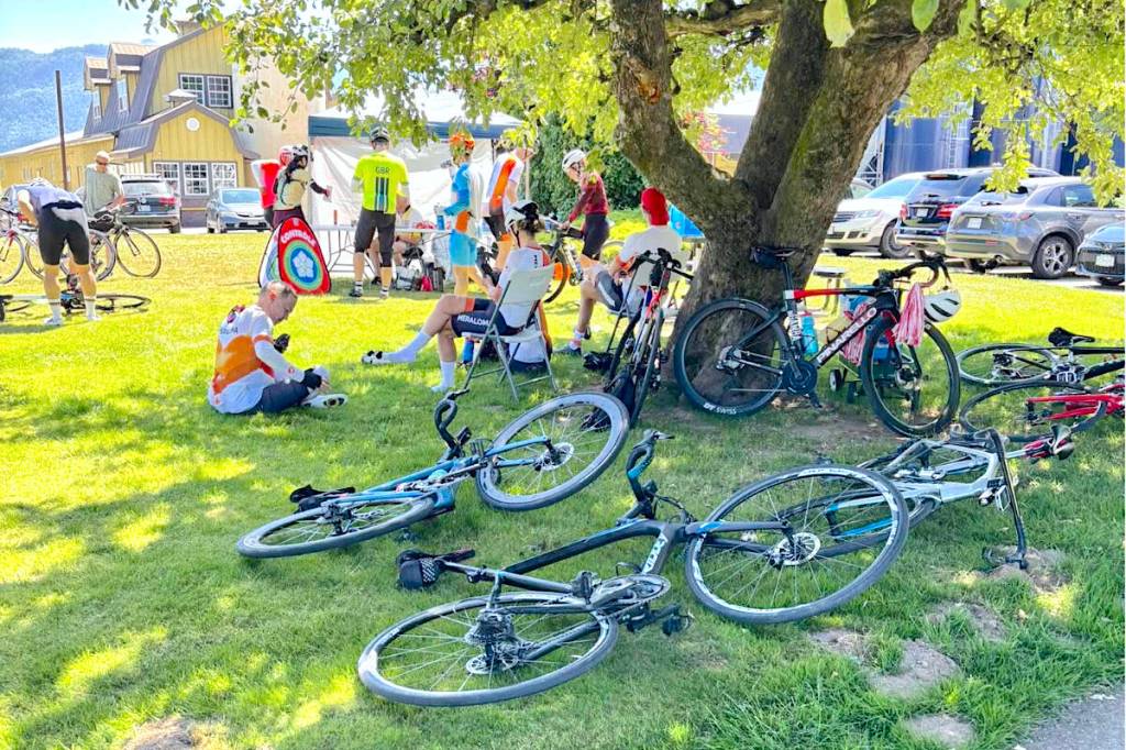 Riders took a break during the 2025 Lower Mainland Maple Leaf Populaire. This year, the B.C. Randonneurs Cycling Club will mark Canada Day with a scaled-down, members-only &ldquo;non-competition social ride,&rdquo; starting and ending in Langley&rsquo;s Walnut Grove. (Special to Langley Advance Times)