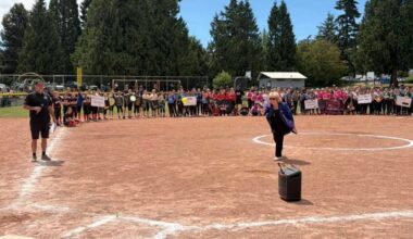 Surrey Mayor Brenda Locke throws the ceremonial first pitch to open the Softball BC U13 regional softball tournament at Sunnyside Park in South Surrey over the weekend. (Contributed to Peace Arch News)