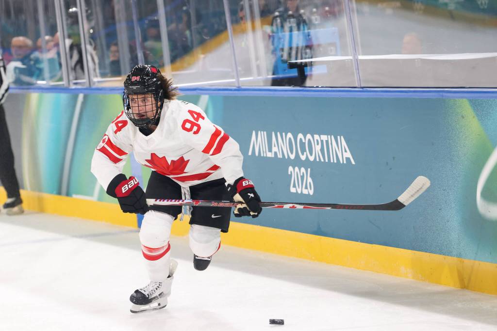 Surrey-raised hockey pro Jennifer Gardiner, pictured competing for Team Canada during the 2026 Winter Olympic Games in Milan, Italy, is hosting a hockey camp in Fleetwood this week, at Surrey Sport Leisure Complex. See listing under Sports. (Daniel Lea/Contributed to Surrey Now-Leader)