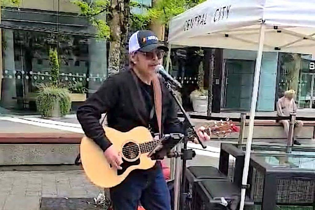 Danilo Carrasco performs at Central City mall plaza in Surrey on Sunday, June 28, 2026, as part of the city&rsquo;s new Music Busker Program. (Contributed to Surrey Now-Leader)