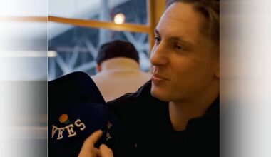 Toronto Maple Leafs defenceman Troy Stecher shows off his Penticton Vee cap in a YouTube video posted by the NHL club. (Toronto Maple Leafs/X)