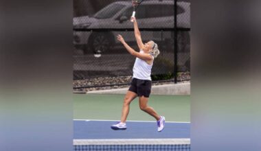 Vernon&rsquo;s Meryl Ogden returns a shot at the 99th annual Hankey Cup Doubles Tennis Tournament June 27-29 at Coldstream&rsquo;s Kalamalka Country Club. The event featured participants from throughout the Okanagan/Shuswap. (Carey Stevens Photography)