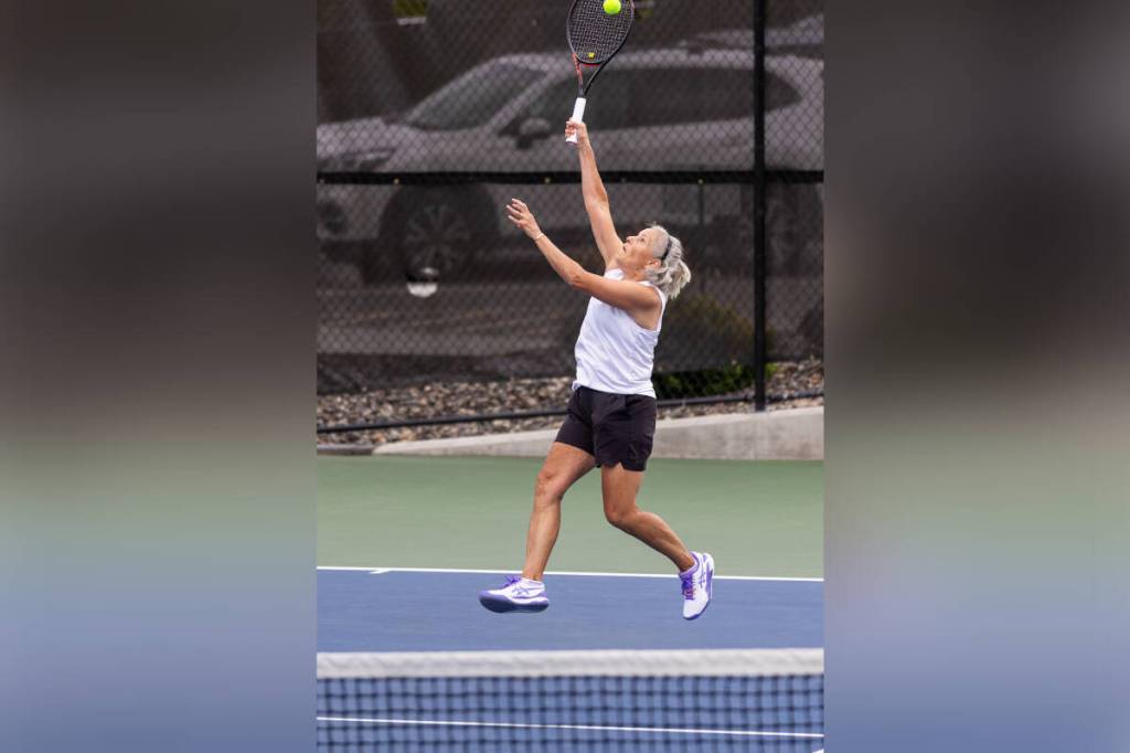Vernon&rsquo;s Meryl Ogden returns a shot at the 99th annual Hankey Cup Doubles Tennis Tournament June 27-29 at Coldstream&rsquo;s Kalamalka Country Club. The event featured participants from throughout the Okanagan/Shuswap. (Carey Stevens Photography)