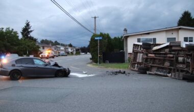 A collision between a vehicle and a private bus on Tuesday night (June 30) in Abbotsford closed a portion of Clearbrook Road. (1st Due Media Photo)