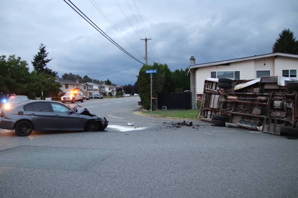 A collision between a vehicle and a private bus on Tuesday night (June 30) in Abbotsford closed a portion of Clearbrook Road. (1st Due Media Photo)