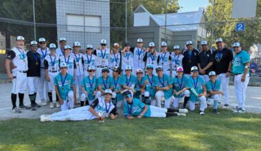 White Rock South Surrey Baseball Association&rsquo;s 15U AA (white jerseys) and 13U A (teal jerseys) teams both won gold medals for their divisions at the Steve Dodds Memorial All Star Tournament June 26-30 in Surrey. (Contributed to Peace Arch News)