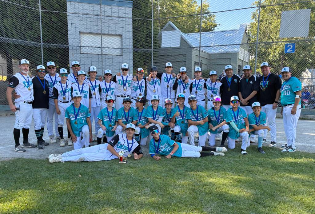 White Rock South Surrey Baseball Association&rsquo;s 15U AA (white jerseys) and 13U A (teal jerseys) teams both won gold medals for their divisions at the Steve Dodds Memorial All Star Tournament June 26-30 in Surrey. (Contributed to Peace Arch News)