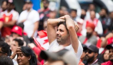 Canadian fans expressing grief at a World Cup viewing party in Surrey, following Canada&rsquo;s 3-0 loss to Morocco at the FIFA World Cup. (Anna Burns/Black Press Media).
