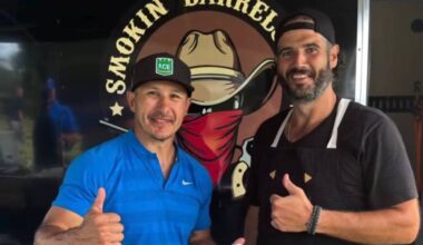 Former NHLer Jordin Tootoo, pictured here with Taylor Hughes from Smokin&rsquo; Barrels BBQ, was one of the celebrities who participated in the 11th Moj Shootout at the Harvest Golf Club in Kelowna on June 29, 2026. (Bob Marjanovich photo)