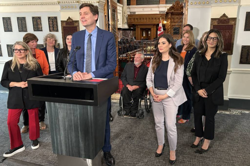 Premier David Eby speaks in the B.C. legislature Friday, July 3, 2026 as he announces that Independent Penticton-Summerland MLA Amelia Boultbee, who ran as a B.C. Conservative in 2024, would be joining the NDP. (Mark Page/Black Press Media)