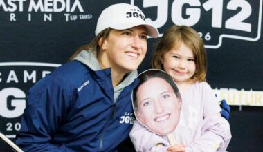 A young girl poses for a photo with Jenn Gardiner at JG12 hockey camp at Surrey Sport & Leisure Complex in Surrey on Friday, July 3, 2026.(Anna Burns/ Surrey Now-Leader)