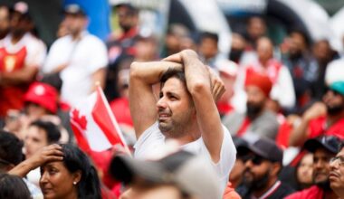 A Canadian fan watching the Canada vs. Morocco match at the Surrey soccer fan zone in Civic Plaza in Surrey on Saturday, July 4, 2026. Morocco defeated Canada 3-0. (Anna Burns/ Surrey Now-Leader)