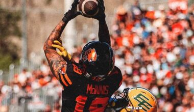 B.C. Lions receiver Justin McInnis goes up for a catch during CFL action Saturday, July 4, 2026 against the Edmonton Elks in Kelowna. (https://x.com/BCLions)