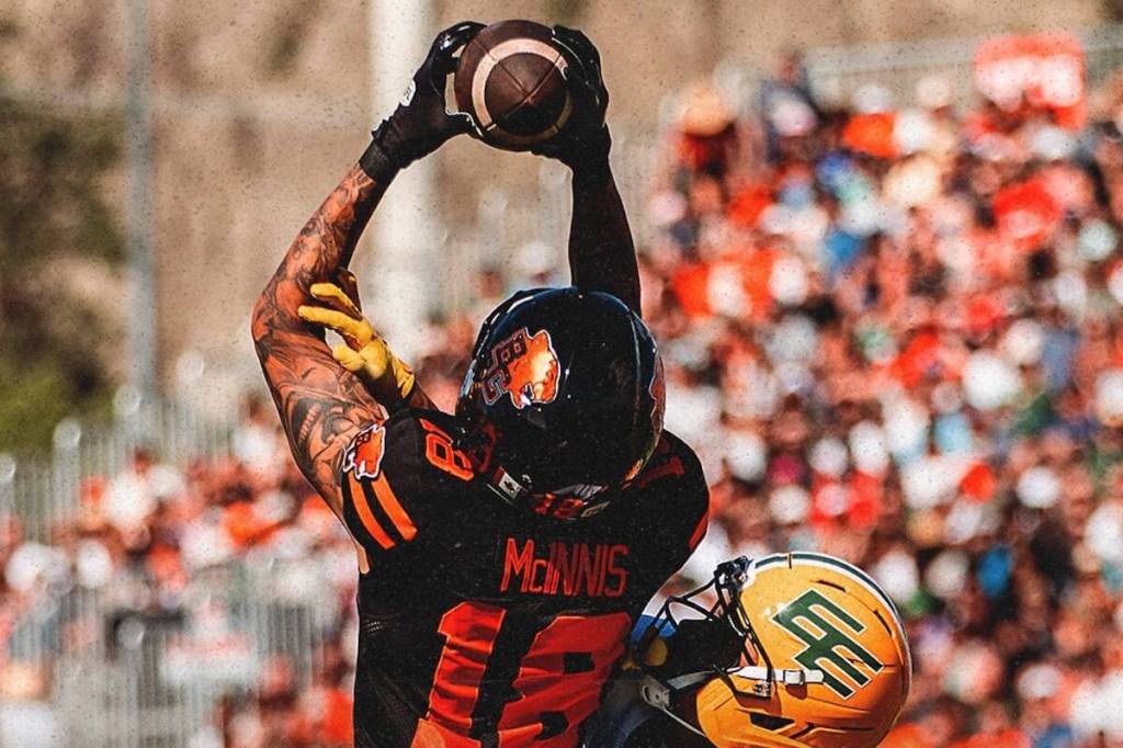 B.C. Lions receiver Justin McInnis goes up for a catch during CFL action Saturday, July 4, 2026 against the Edmonton Elks in Kelowna. (https://x.com/BCLions)