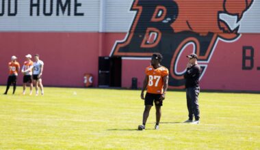 BC Lions train on the grass field at the football team&rsquo;s Whalley facility on June 3, 2023. (Anna Burns/Surrey Now-Leader))