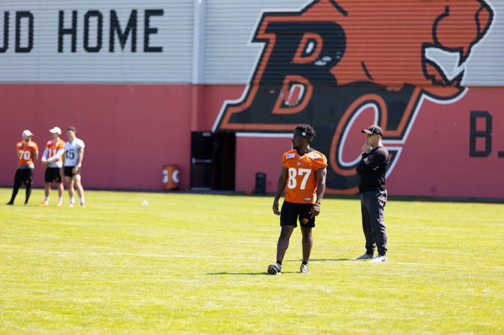 BC Lions train on the grass field at the football team&rsquo;s Whalley facility on June 3, 2023. (Anna Burns/Surrey Now-Leader))