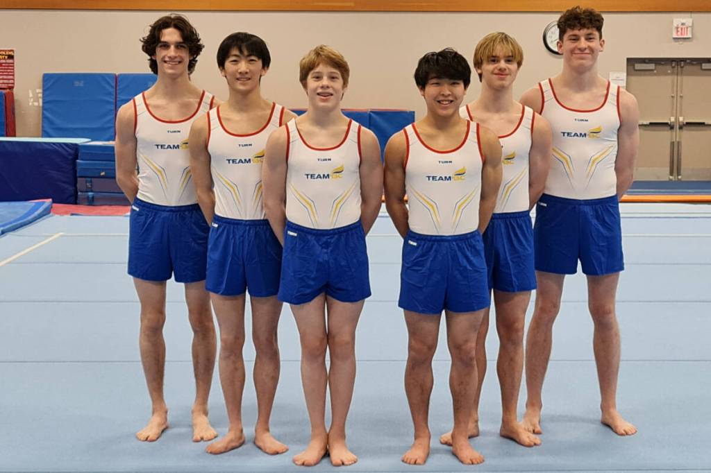 Ethan Ikeda (second from left) was one of five athletes named to the Team Canada men&rsquo;s gymnastics squad for the 2026 Commonwealth Games. (Submitted)