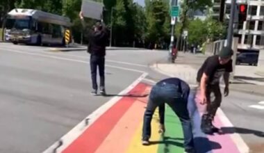 Still from video of rainbow crosswalk vandalism in Surrey on May 30, 2026. (Facebook image)