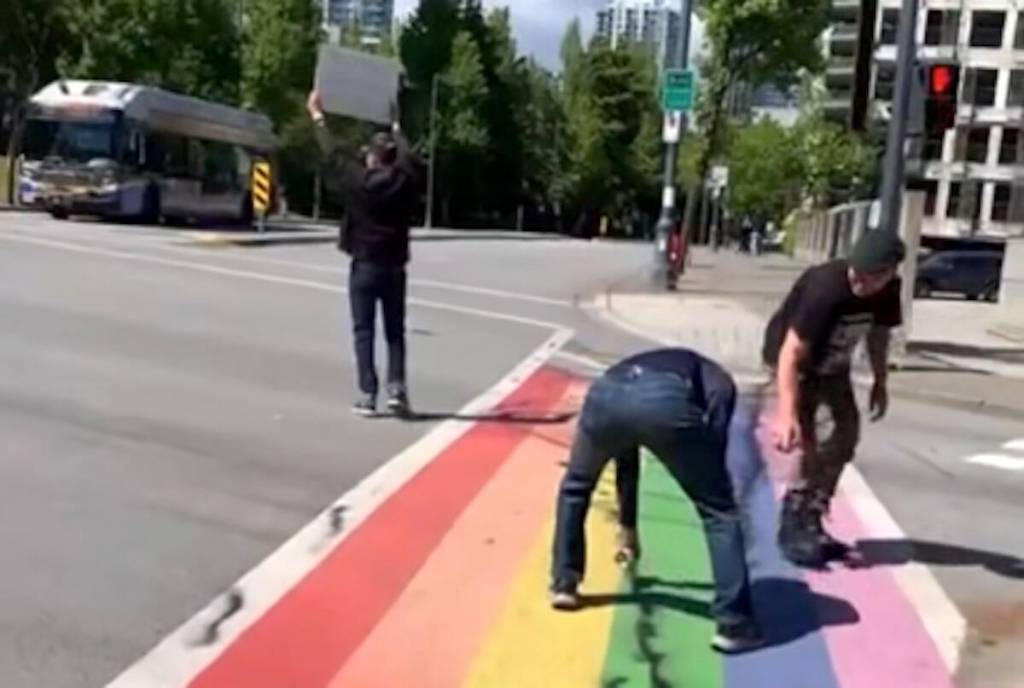 Still from video of rainbow crosswalk vandalism in Surrey on May 30, 2026. (Facebook image)