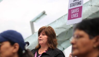 B.C. Nurses Union president Adriane Gear speaks at a protest on May 31, 2023. She was vice-president of the union at the time. (Lauren Collins/Black Press)