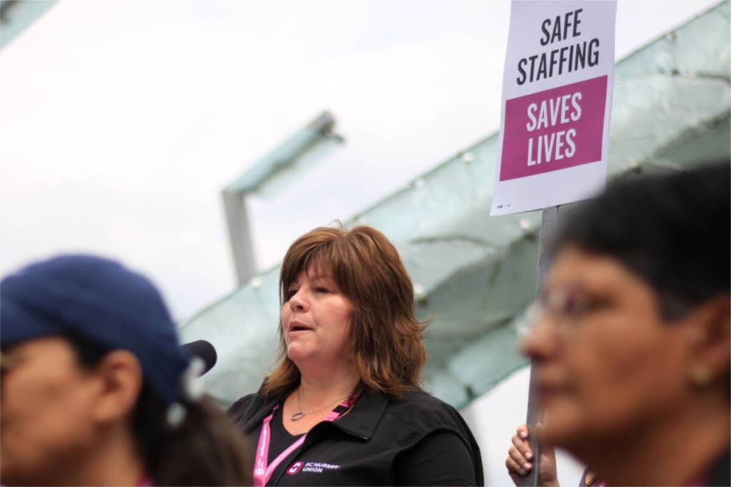 B.C. Nurses Union president Adriane Gear speaks at a protest on May 31, 2023. She was vice-president of the union at the time. (Lauren Collins/Black Press)