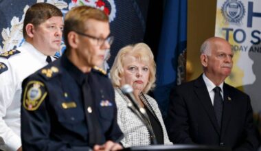 Mayor Brenda Locke looks on as then-Chief Norm Lipinski speaks during a November 2024 event held to mark the takeover of the Surrey Police Service as police of jurisdiction. (Anna Burns/Surrey Now-Leader files)