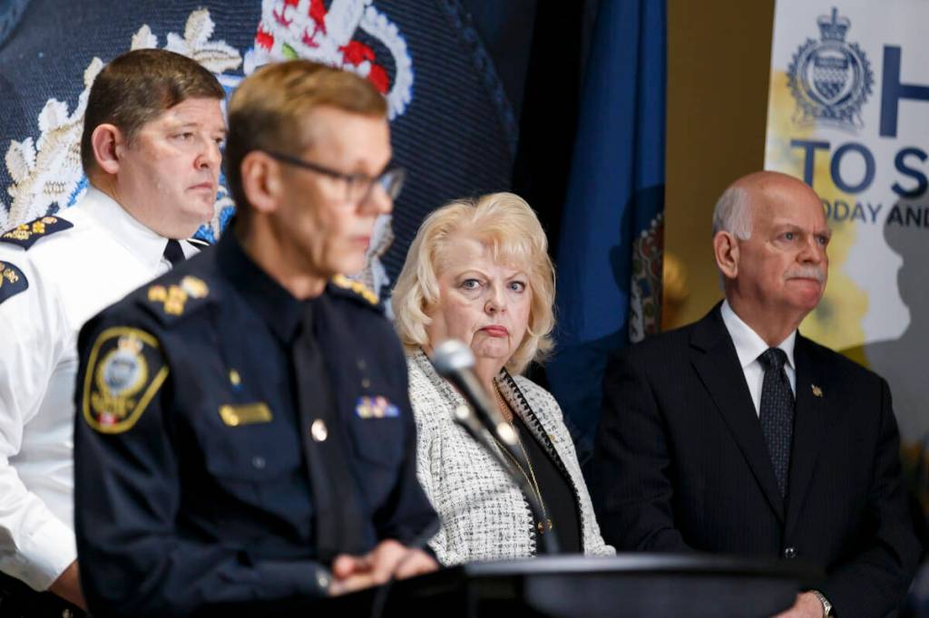 Mayor Brenda Locke looks on as then-Chief Norm Lipinski speaks during a November 2024 event held to mark the takeover of the Surrey Police Service as police of jurisdiction. (Anna Burns/Surrey Now-Leader files)