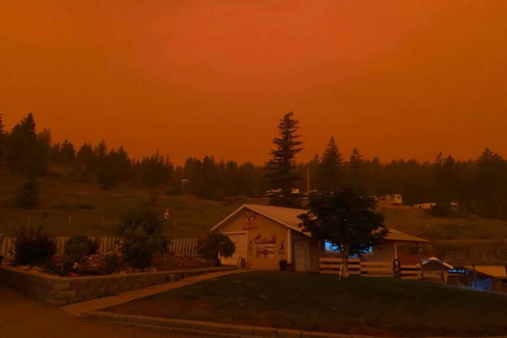 Dark smoky skies in Kamloops on July 7, due to the Brunswick complex wildfire. (Facebook)