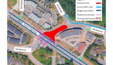 A key intersection near the Langley-Surrey border will be largely closed July 14-17 for SkyTrain guideway construction. (Surrey-Langley SkyTrain Project)