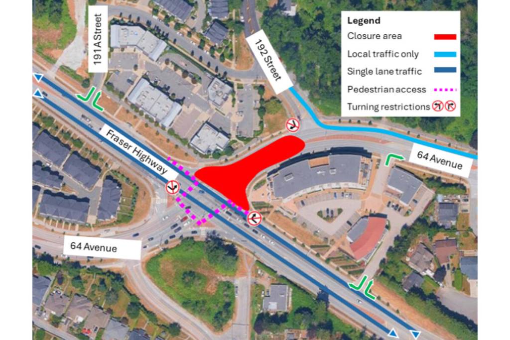 A key intersection near the Langley-Surrey border will be largely closed July 14-17 for SkyTrain guideway construction. (Surrey-Langley SkyTrain Project)