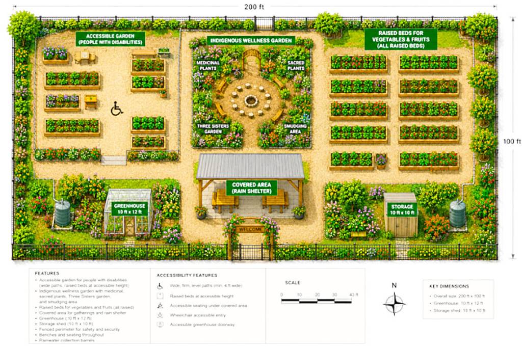 This AI-generated image shows how a proposed “Community Wellness Garden” could look on the Cloverdale Fairgrounds. (Image submitted to Cloverdale Reporter)