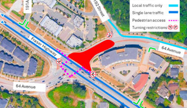 This map shows the planned road closure for 64th Avenue north of Fraser Highway for July 14-17. (Image submitted to Cloverdale Reporter/Transportation Investment Corporation)