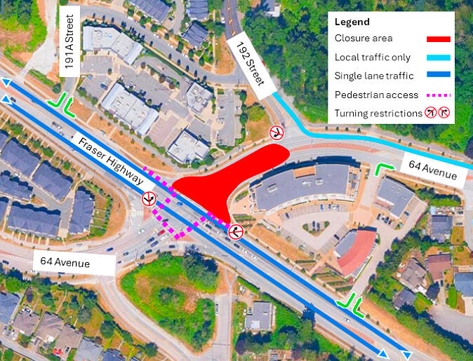This map shows the planned road closure for 64th Avenue north of Fraser Highway for July 14-17. (Image submitted to Cloverdale Reporter/Transportation Investment Corporation)