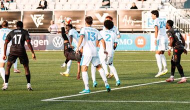 Vancouver FC’s Eagles fell 2-1 in a last minute penalty shot by FC Montreal in the first leg of the quarterfinals of the Telus Canadian Championships held at the Stadium at Langley Events Centre Wednesday night. (VFC/Special to Langley Advance Times)
