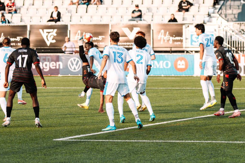 Vancouver FC’s Eagles fell 2-1 in a last minute penalty shot by FC Montreal in the first leg of the quarterfinals of the Telus Canadian Championships held at the Stadium at Langley Events Centre Wednesday night. (VFC/Special to Langley Advance Times)