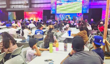 Nearly 300 fans watched the France - Morocco game in the Cloverdale Agriplex July 9. The Agriplex is one of one of four City of Surrey soccer fan zones. Cloverdale will host game viewings and live bands on six more match days: 10, 11, 14, 15, 18 (bronze medal game), and 19 (World Cup Final). (Photo: Malin Jordan/Cloverdale Reporter)