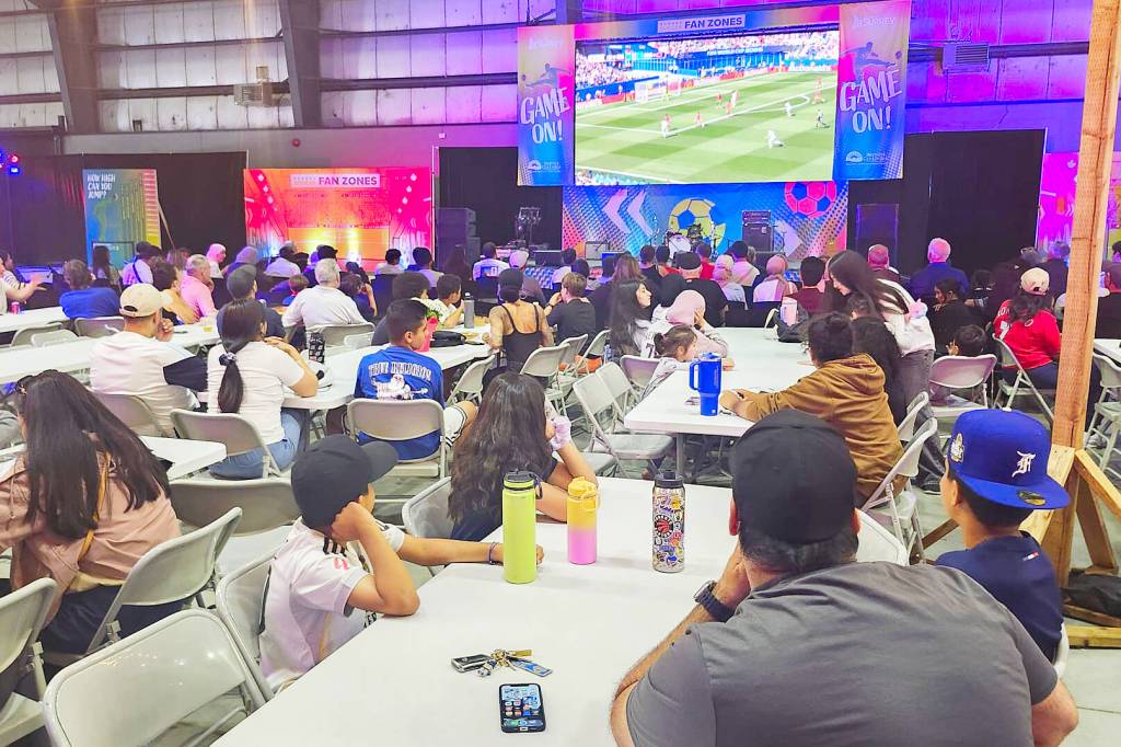 Nearly 300 fans watched the France - Morocco game in the Cloverdale Agriplex July 9. The Agriplex is one of one of four City of Surrey soccer fan zones. Cloverdale will host game viewings and live bands on six more match days: 10, 11, 14, 15, 18 (bronze medal game), and 19 (World Cup Final). (Photo: Malin Jordan/Cloverdale Reporter)