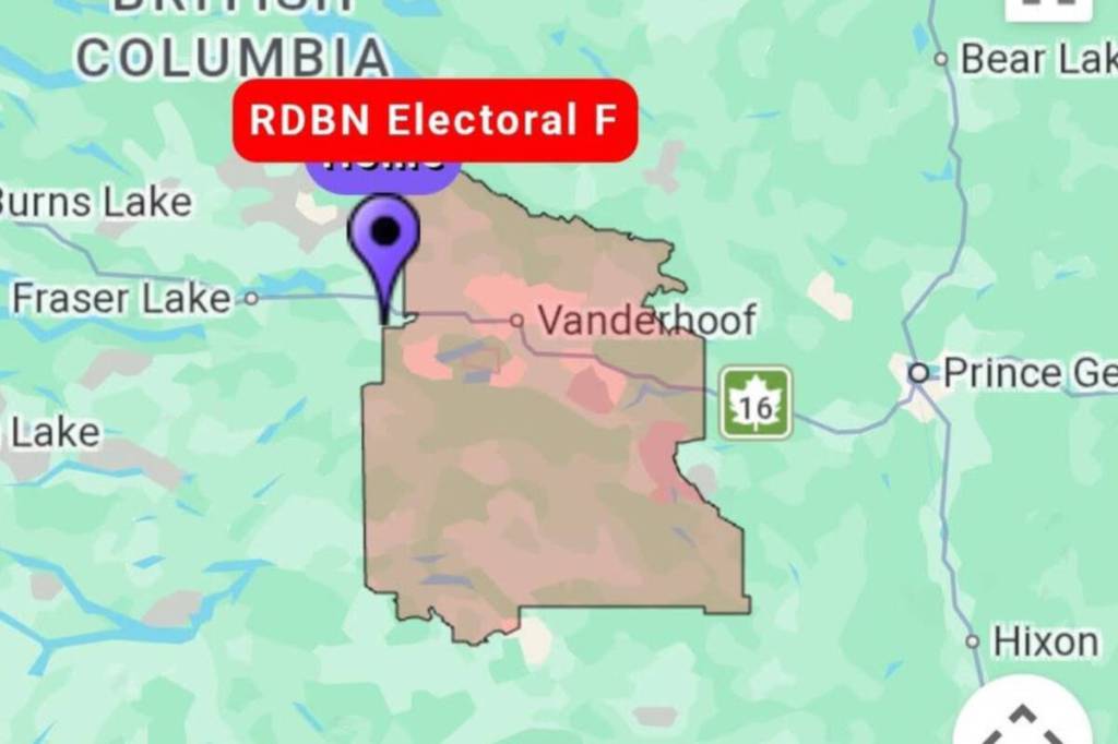 A shelter-in-place order issued Thursday afternoon for the District of Vanderhoof and Electoral Area F has now been lifted following a major police response in Vanderhoof. A map of the area from Alertable. (Alertable)