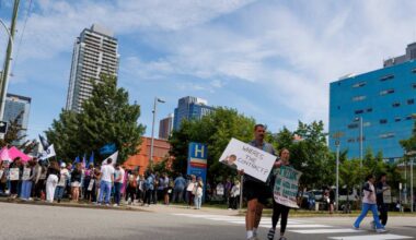 Nurses and other health care workers walking the picket line outside of Surrey Memorial Hospital in Surrey on Thursday, July 9, 2026. (Anna Burns/ Surrey Now-Leader)