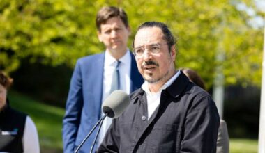 Dr. Daniel Vigo and Premier David Eby outside the Surrey Pretrial Services Centre on April 24, 2025, to announce the opening of the province’s first involuntary care beds. (Anna Burns/Surrey Now-Leader)