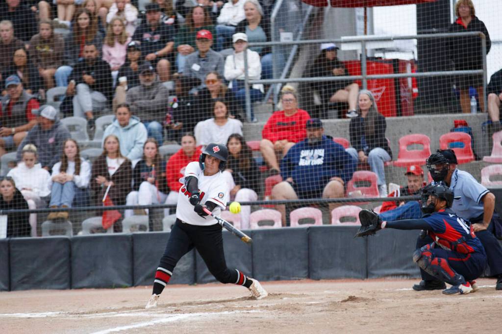 Delta’s Kelsey Harshman at bat during the Canada Cup round-robin game against the Chinese Taipei Development Team in Surrey on Friday, July 10, 2026. (Anna Burns/ Surrey Now-Leader)