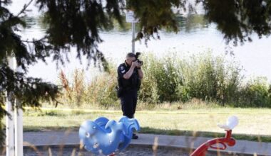 Police investigate an incident in the area of Craigflower Schoolhouse and Kosapsom Park Saturday morning, July 11. (Courtesy of Charles Bodi)