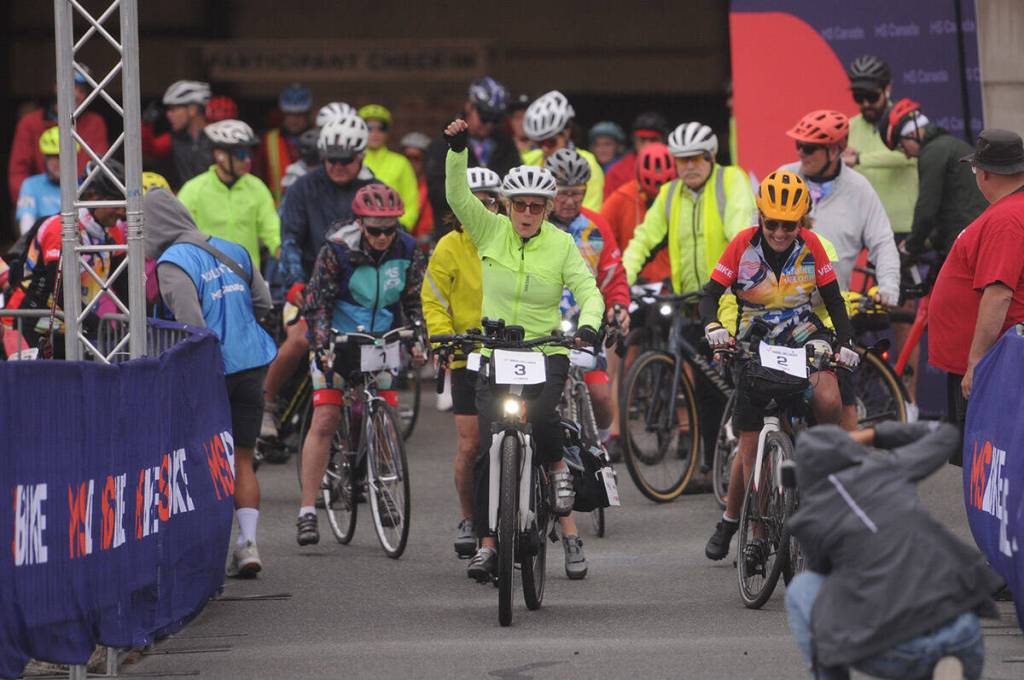 Cyclists roll out from the starting gate during the MS Bike - Chilliwack fundraiser at Chilliwack Heritage Park on Saturday, July 11, 2026. (Jenna Hauck/ Chilliwack Progress)